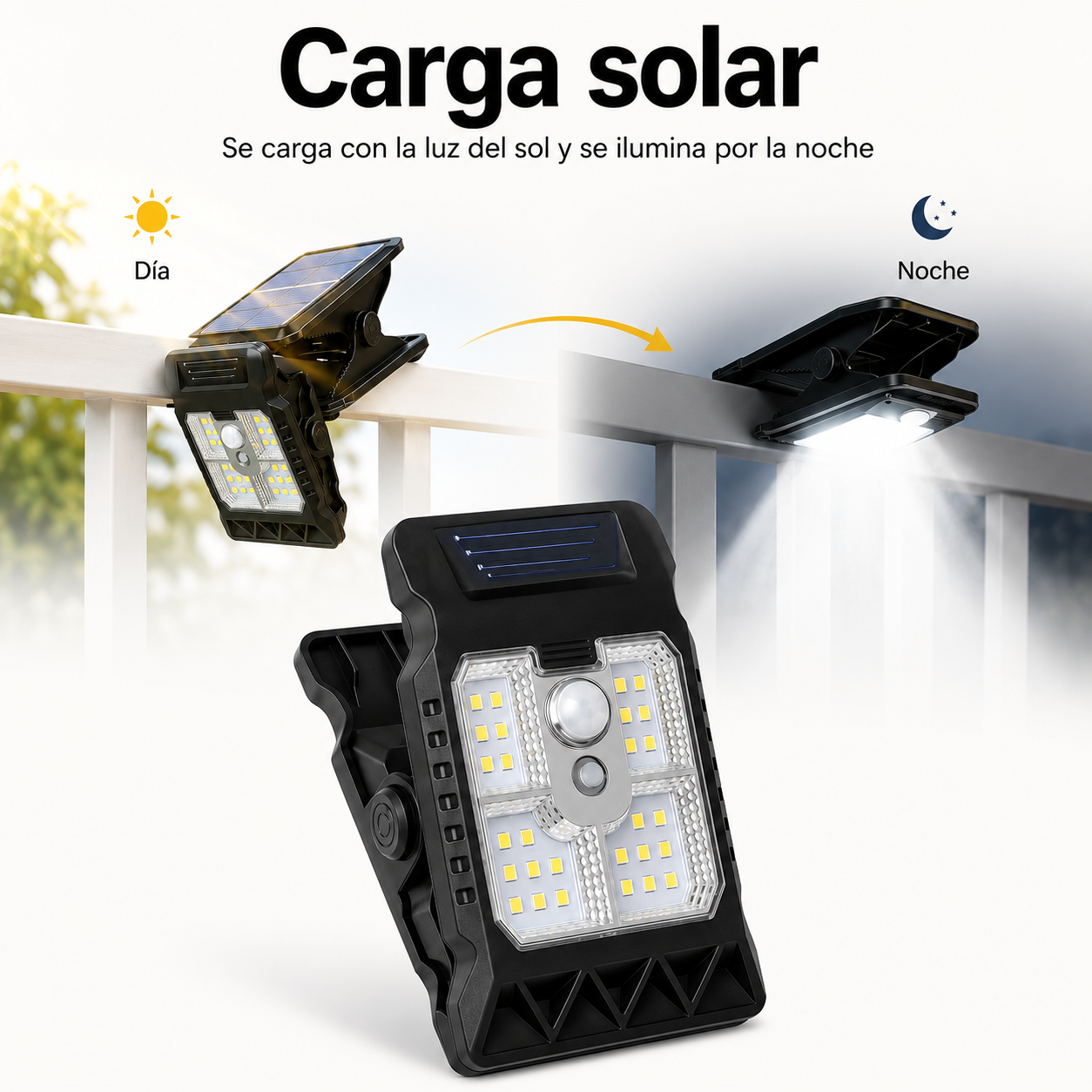 Luz LED Clip con Sensor y Carga Solar – Ilumina sin cables ni enchufes