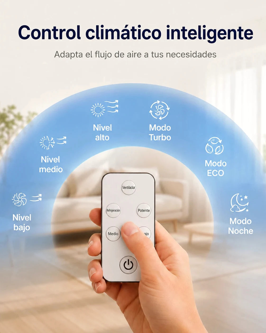 Control remoto con modos turbo, eco y noche